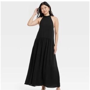 A New Day Halter Neck Maxi Dress Womens Small Black NEW Drop Waist Tie Back